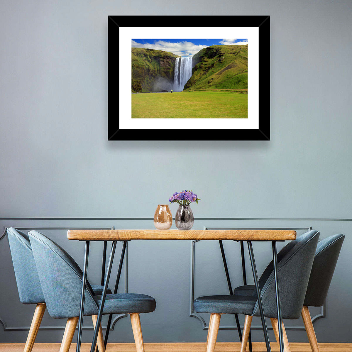 Skógafoss Waterfall Wall Art in a room, landscape