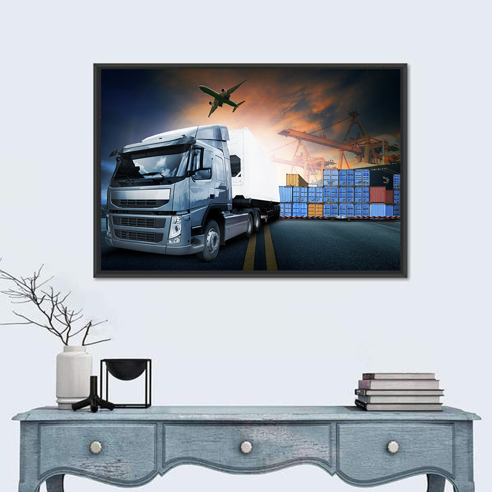 Sunset Freight Terminal Truck Scene Wall Art in a room, landscape