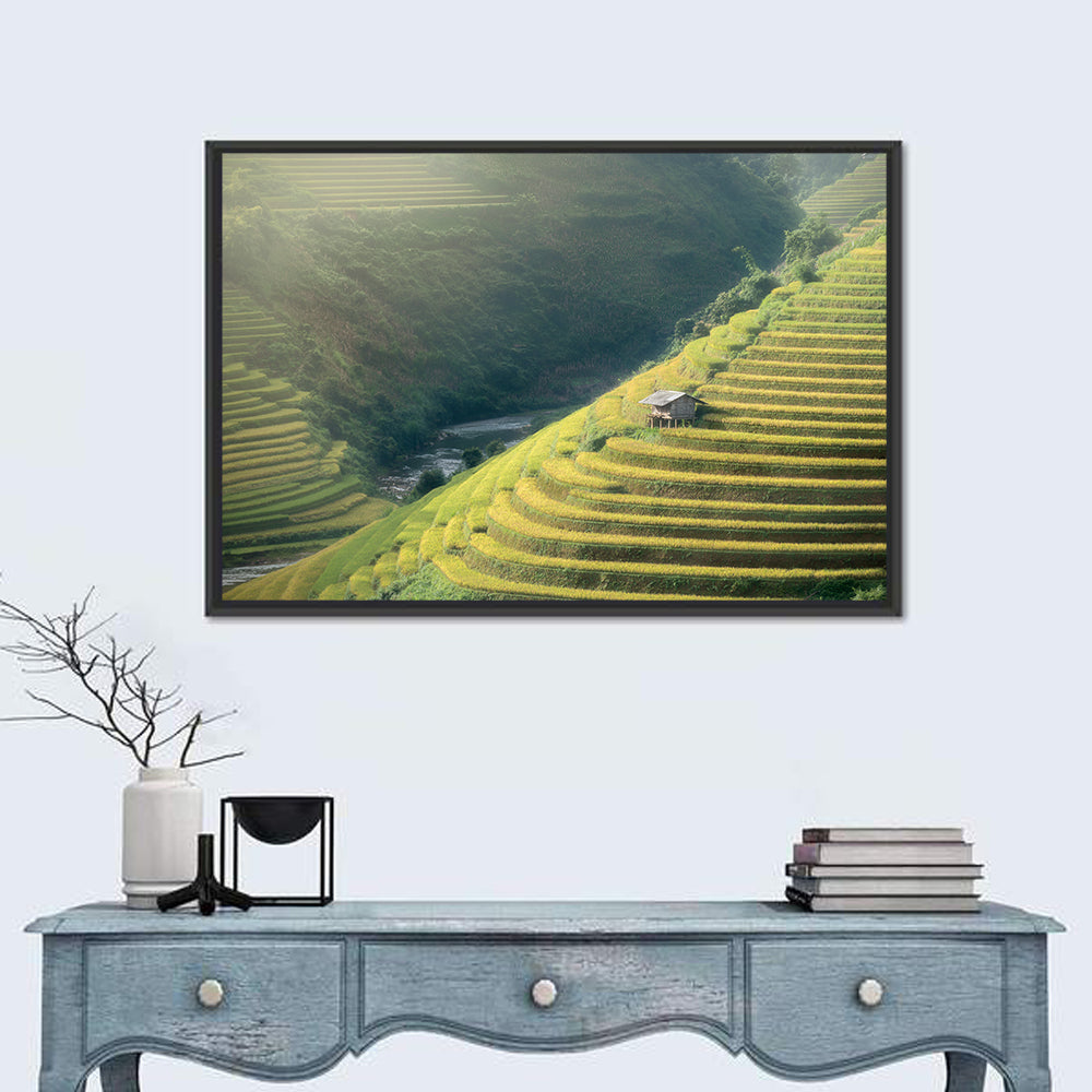Golden Rice Terraces Wall Art in a room, landscape