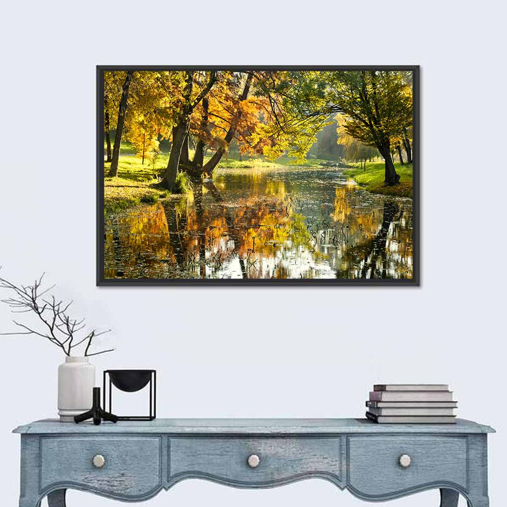 Autumn Canal Landscape Wall Art in a room, landscape
