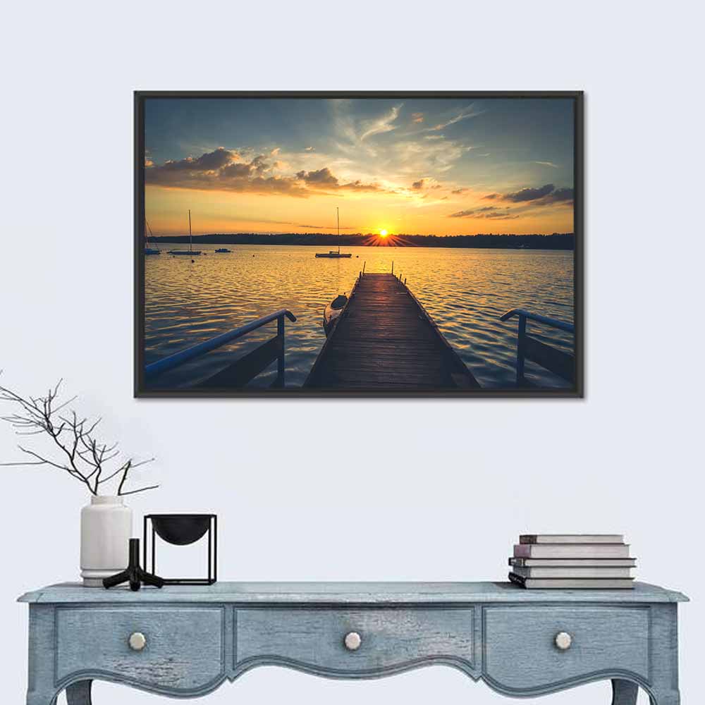 Sunset Pier with Sailboat Wall Art in a room, landscape