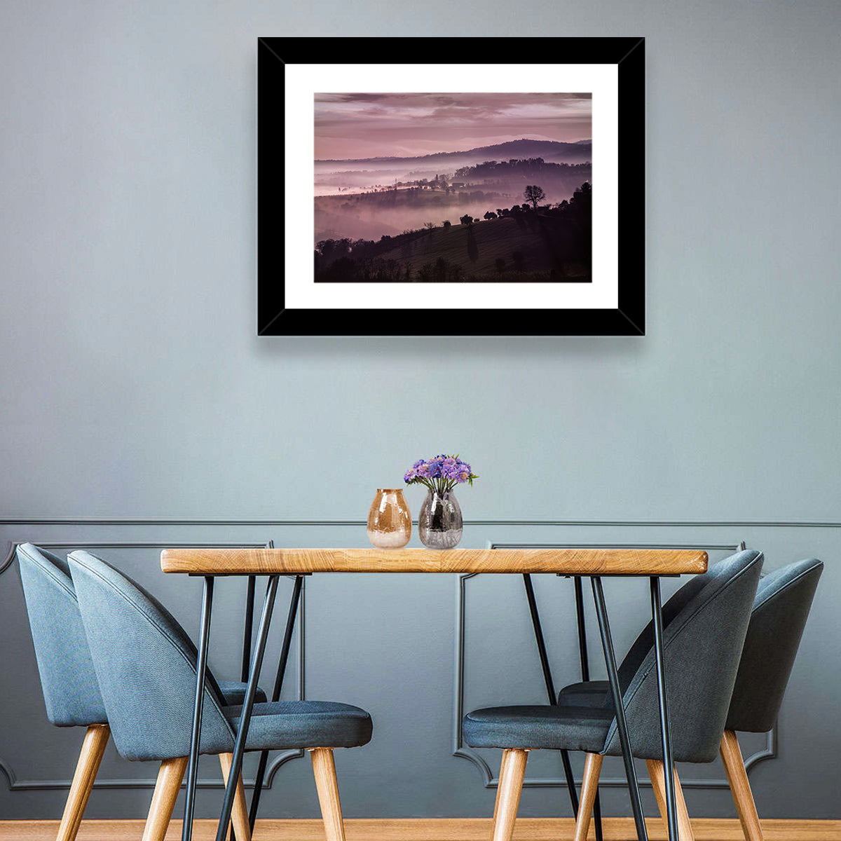 Misty Lavender Hills Wall Art in a room, landscape