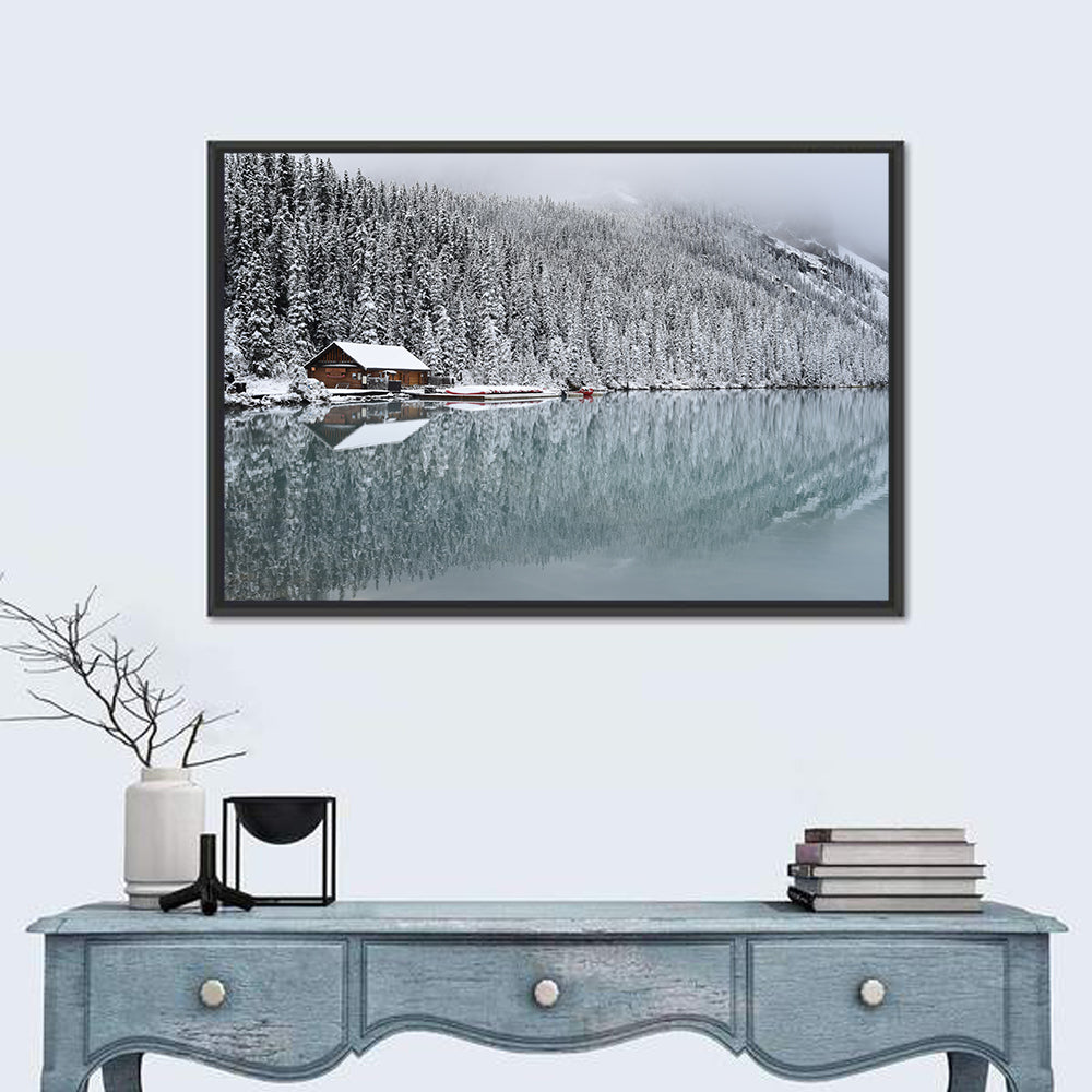 Lake Louise Winter Reflection Wall Art in a room, landscape