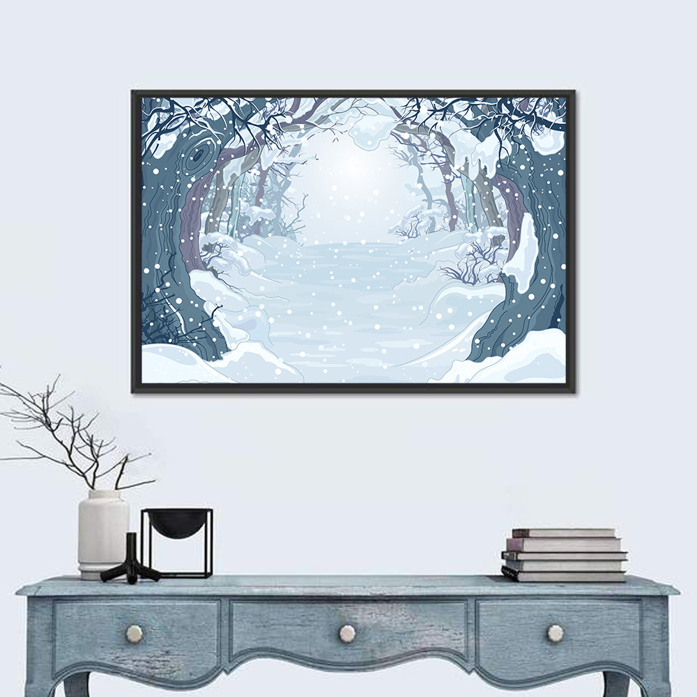Winter Forest Path Illustration Wall Art in a room, landscape