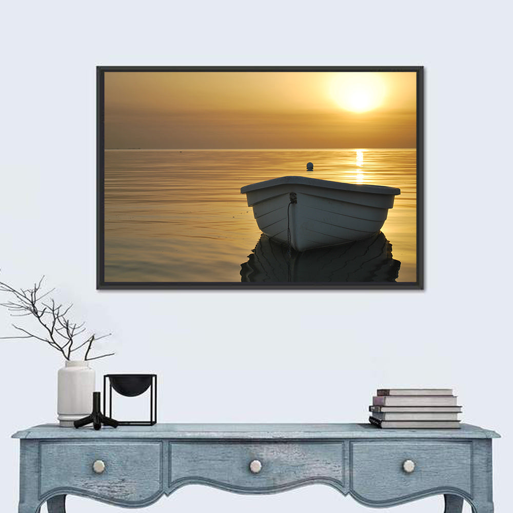 White Rowboat on Golden Sea Wall Art in a room, landscape