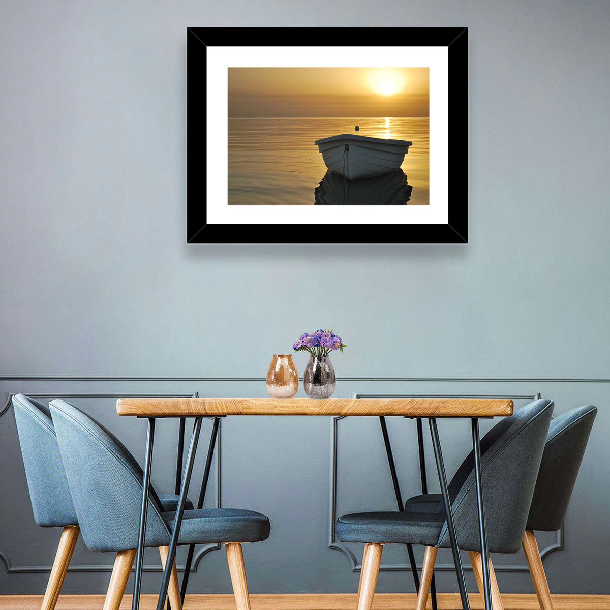 White Rowboat on Golden Sea Wall Art in a room, landscape