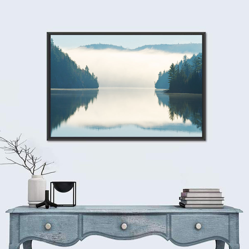 Foggy Lake Morning Wall Art in a room, landscape