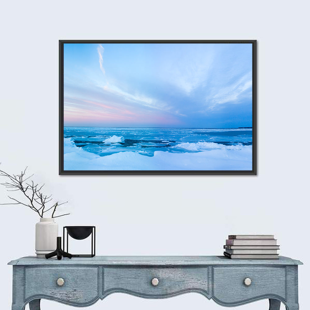 Frozen Blue Seascape Wall Art in a room, landscape