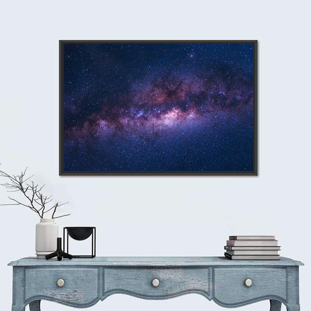 Violet Blue Milky Way Galaxy Wall Art in a room, landscape