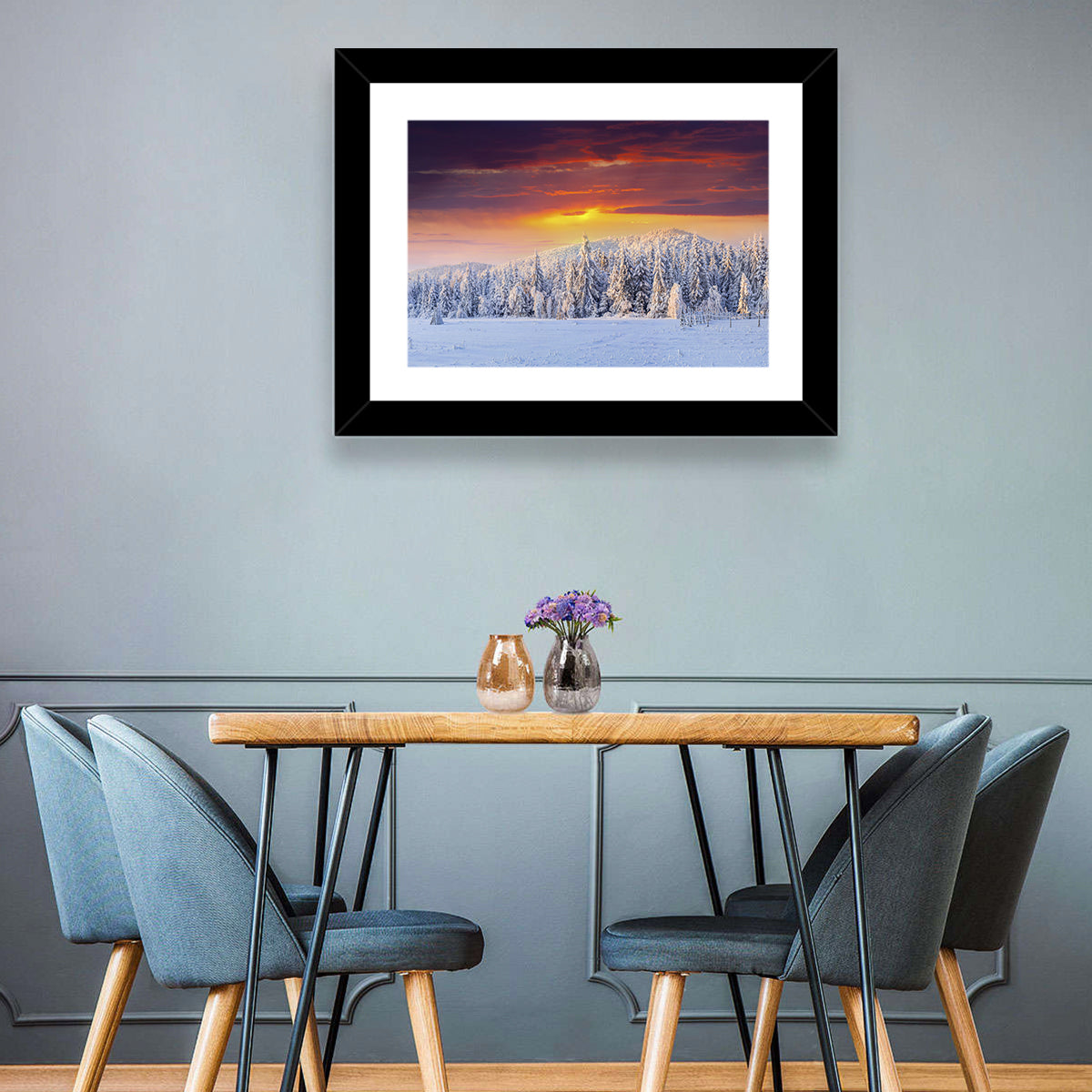 Snowy Forest Sunset Wall Art in a room, landscape