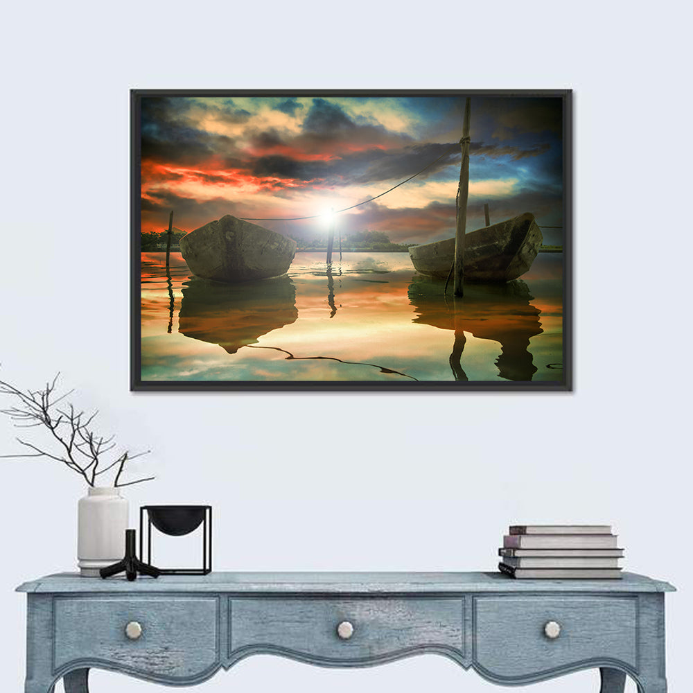 Two Wooden Boats at Sunset Wall Art