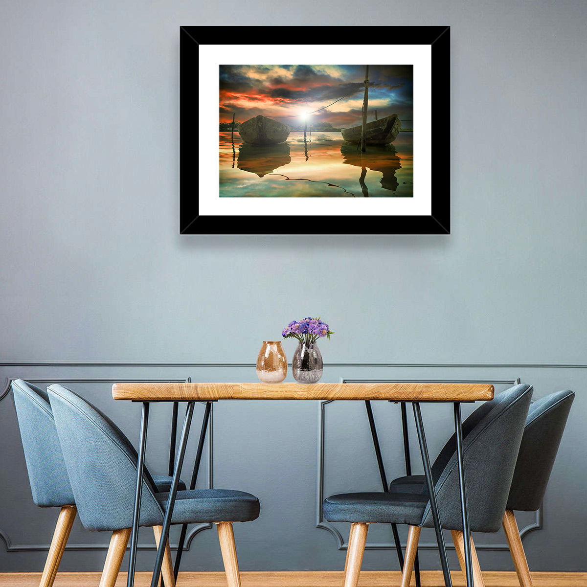 Two Wooden Boats at Sunset Wall Art
