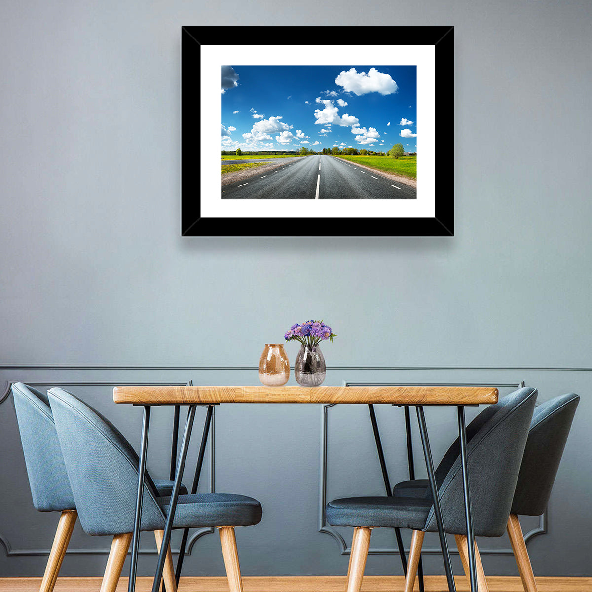 Asphalt Road Through Meadow Wall Art in a room, landscape