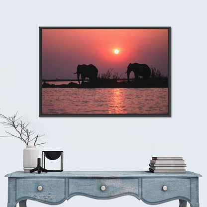 Elephants at Sunset Silhouette Wall Art