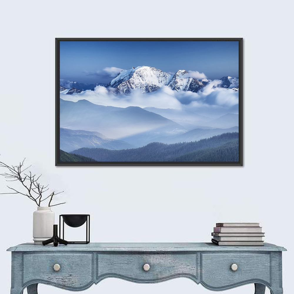 Snow-capped Peaks in Clouds Wall Art in a room, landscape