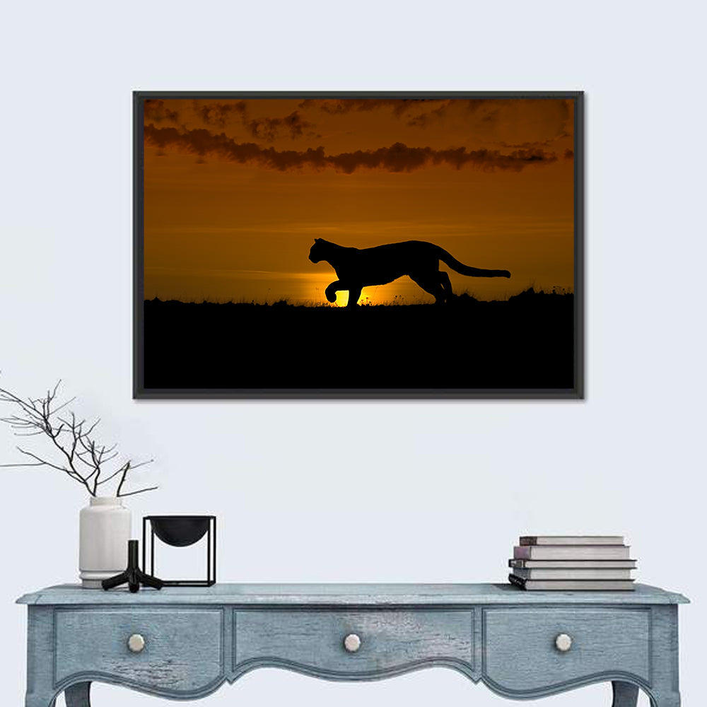 Cougar Silhouette at Sunset Wall Art in a room, landscape
