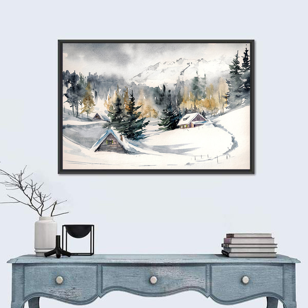 Snowy Mountain Village Watercolor Wall Art in a room, landscape