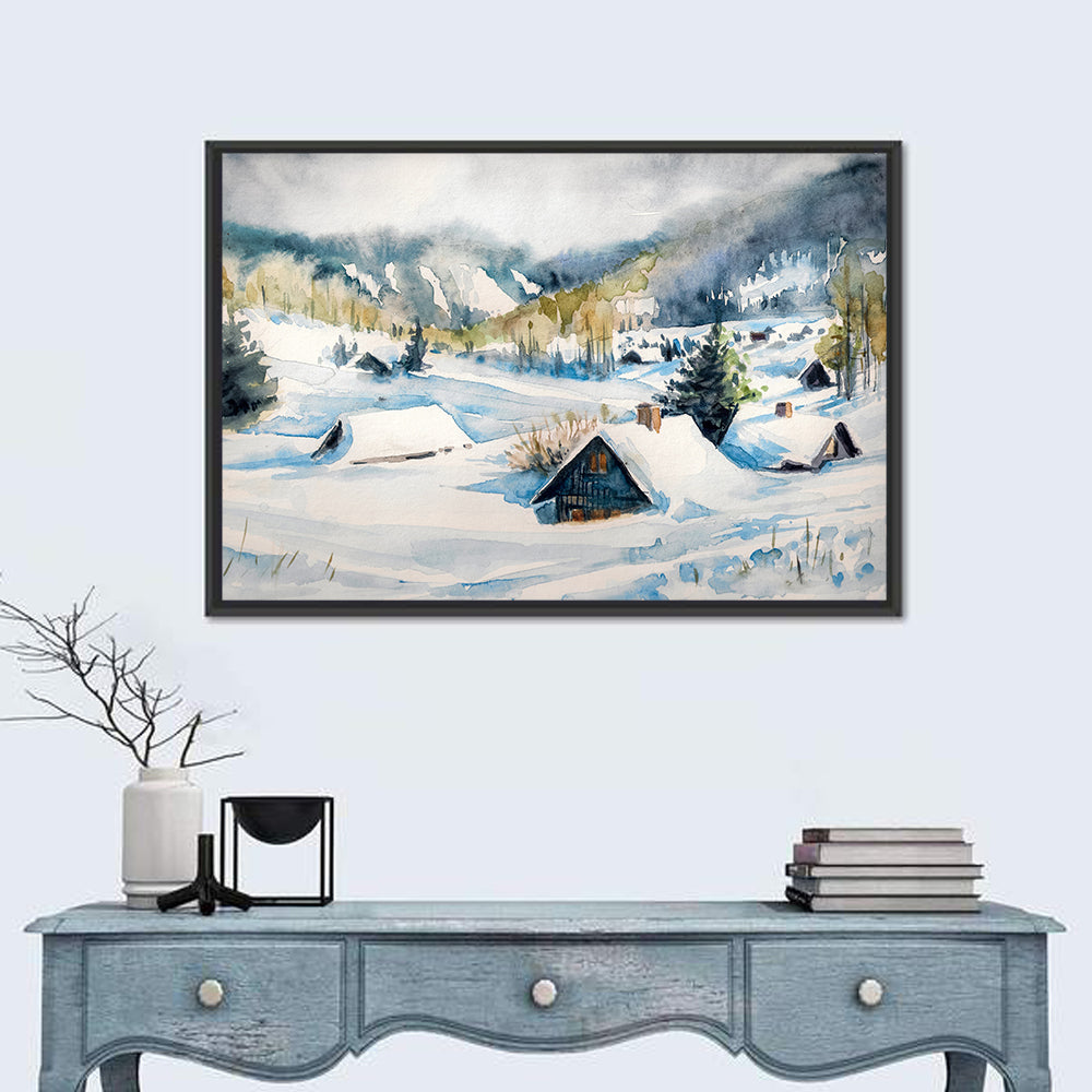 Snowy Mountain Village Wall Art in a room, landscape