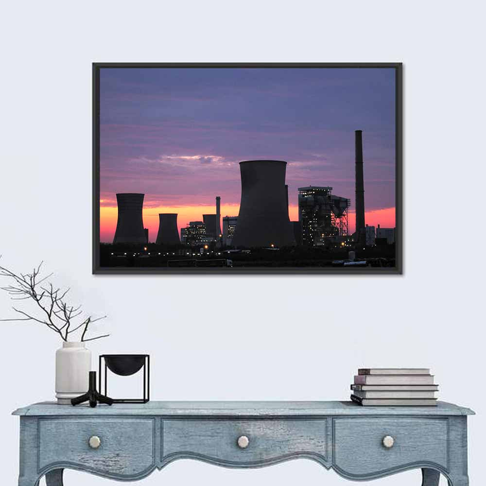 Coal Power Plant Sunset Silhouette Wall Art in a room, landscape