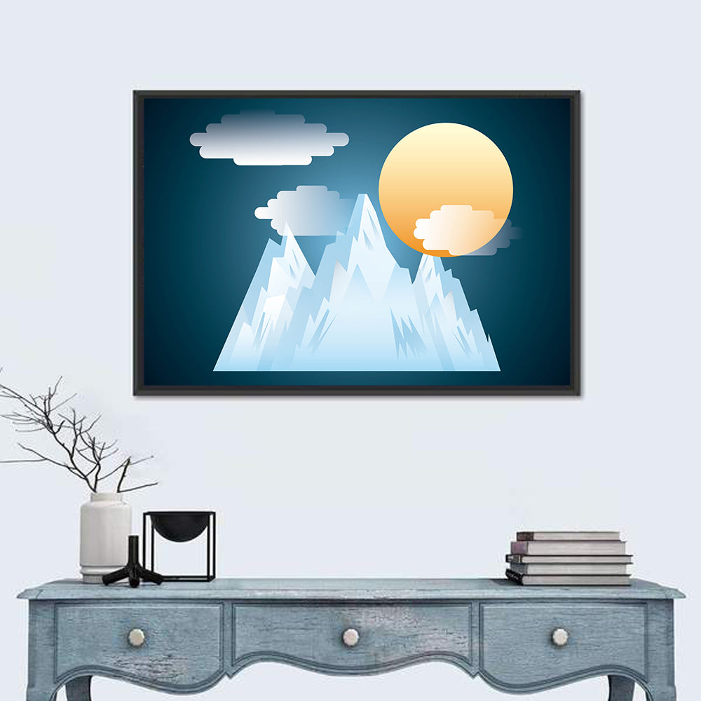 Geometric Snowy Mountain with Golden Sun Wall Art