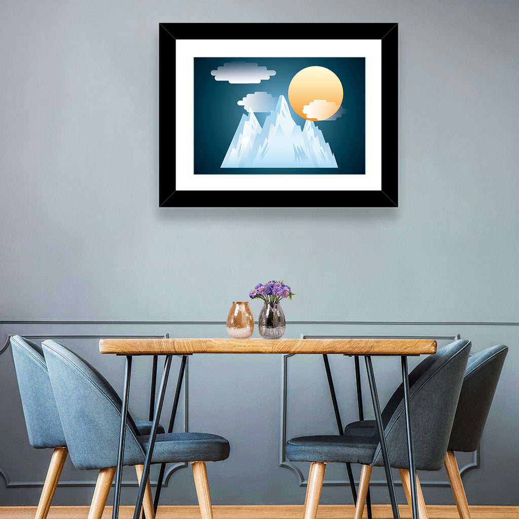 Geometric Snowy Mountain with Golden Sun Wall Art