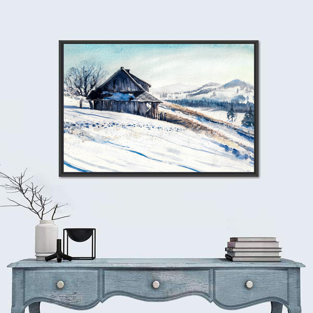 Snowy Mountain Cabin Wall Art in a room, landscape