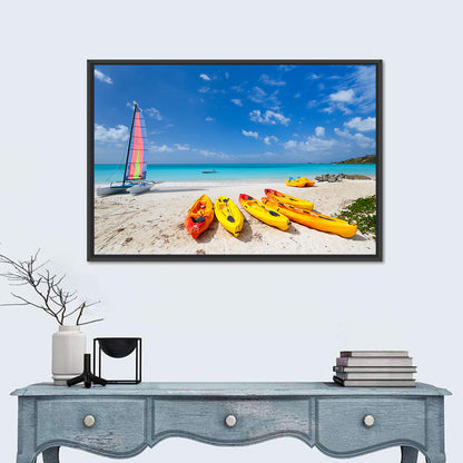Yellow Kayaks on Tropical Beach Wall Art