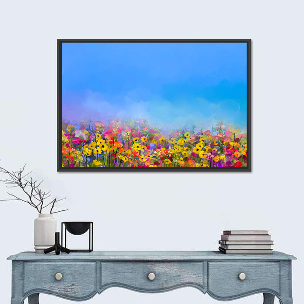 Cornflower and Daisy Meadow Wall Art in a room, landscape
