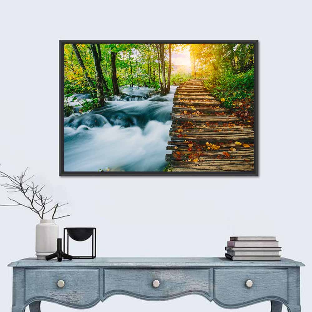 Plitvice Lakes Autumn Walkway Wall Art in a room, landscape