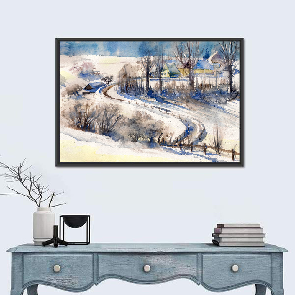 Snowy Village Road Wall Art in a room, landscape