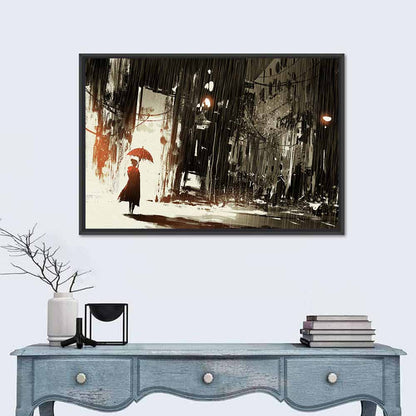 Woman with Umbrella on Rainy Street Wall Art
