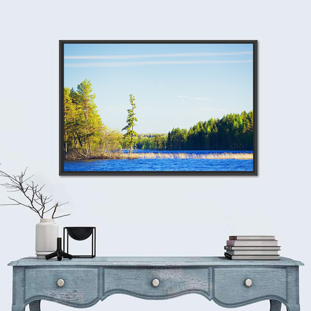 Summer Forest Lake Shoreline Wall Art in a room, landscape