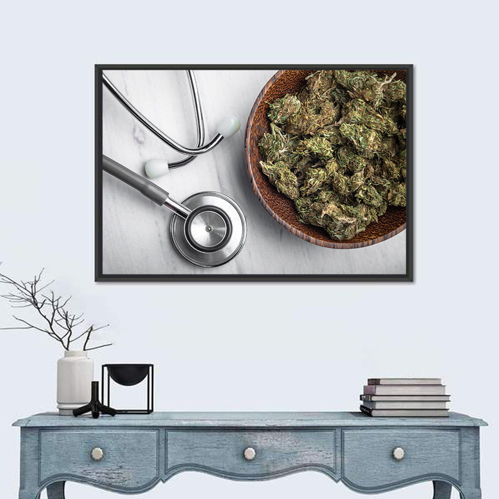 Stethoscope and Medical Cannabis Still Life Wall Art in a room, landscape
