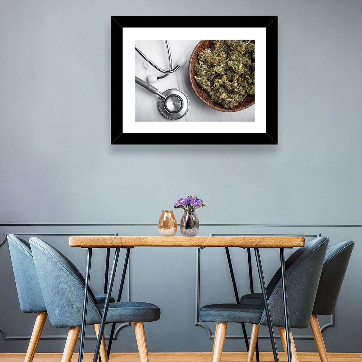 Stethoscope and Medical Cannabis Still Life Wall Art in a room, landscape