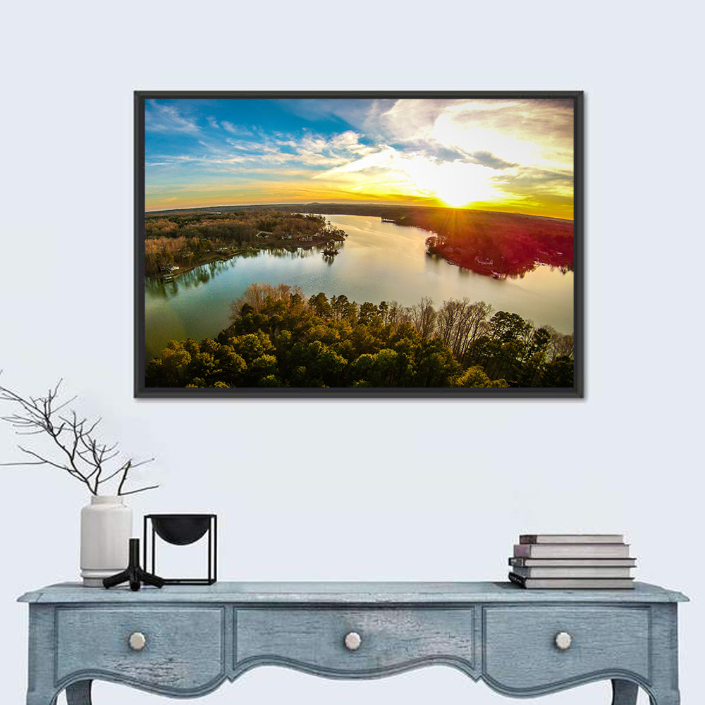 Lake Wylie Golden Sunset Wall Art in a room, landscape