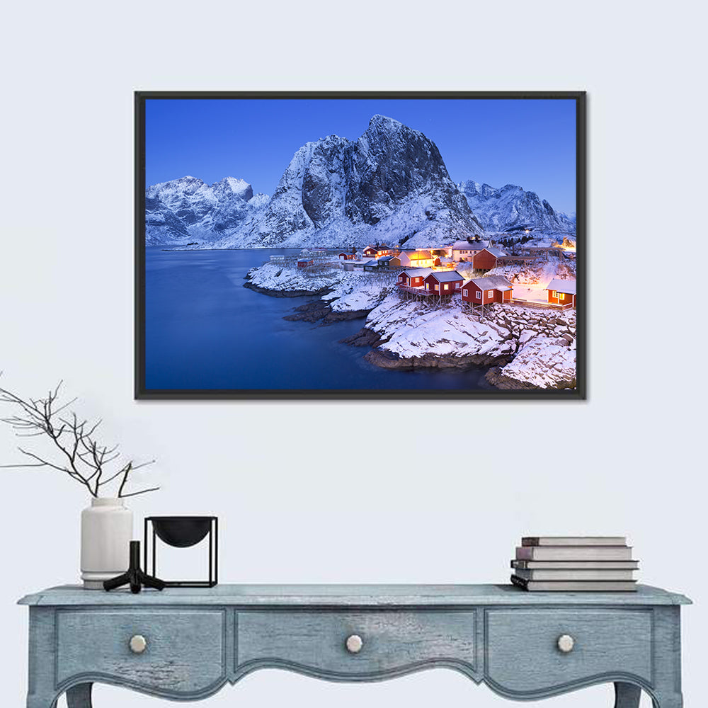 Hamnøy Red Cabins at Winter Dusk Wall Art in a room, landscape