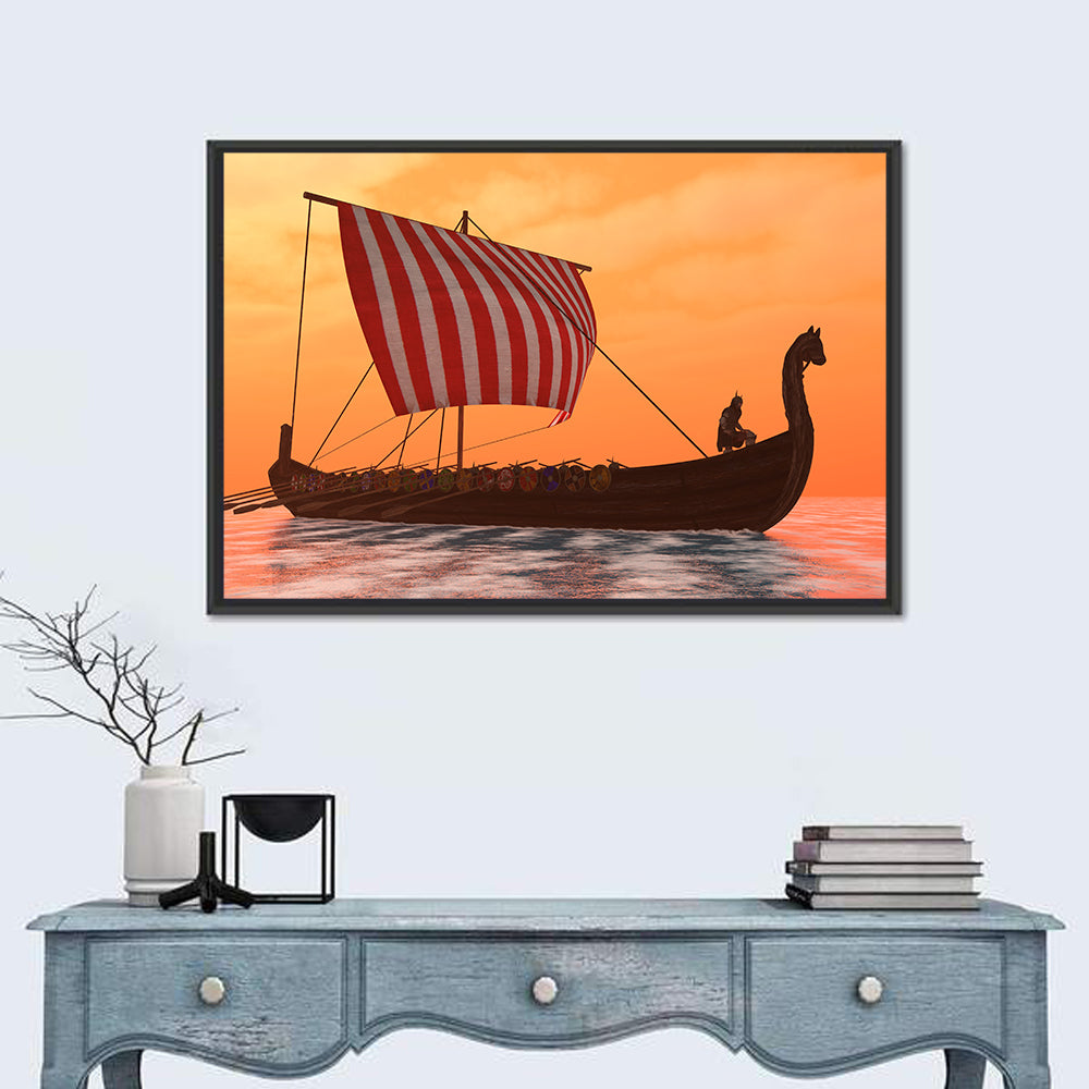 Viking Longship at Dusk Wall Art in a room, landscape