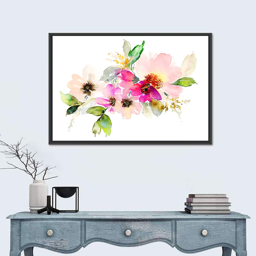 Delicate Pink Floral Watercolor Wall Art in a room, landscape
