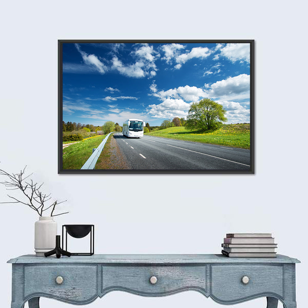 White Bus on Meadow Road Wall Art in a room, landscape
