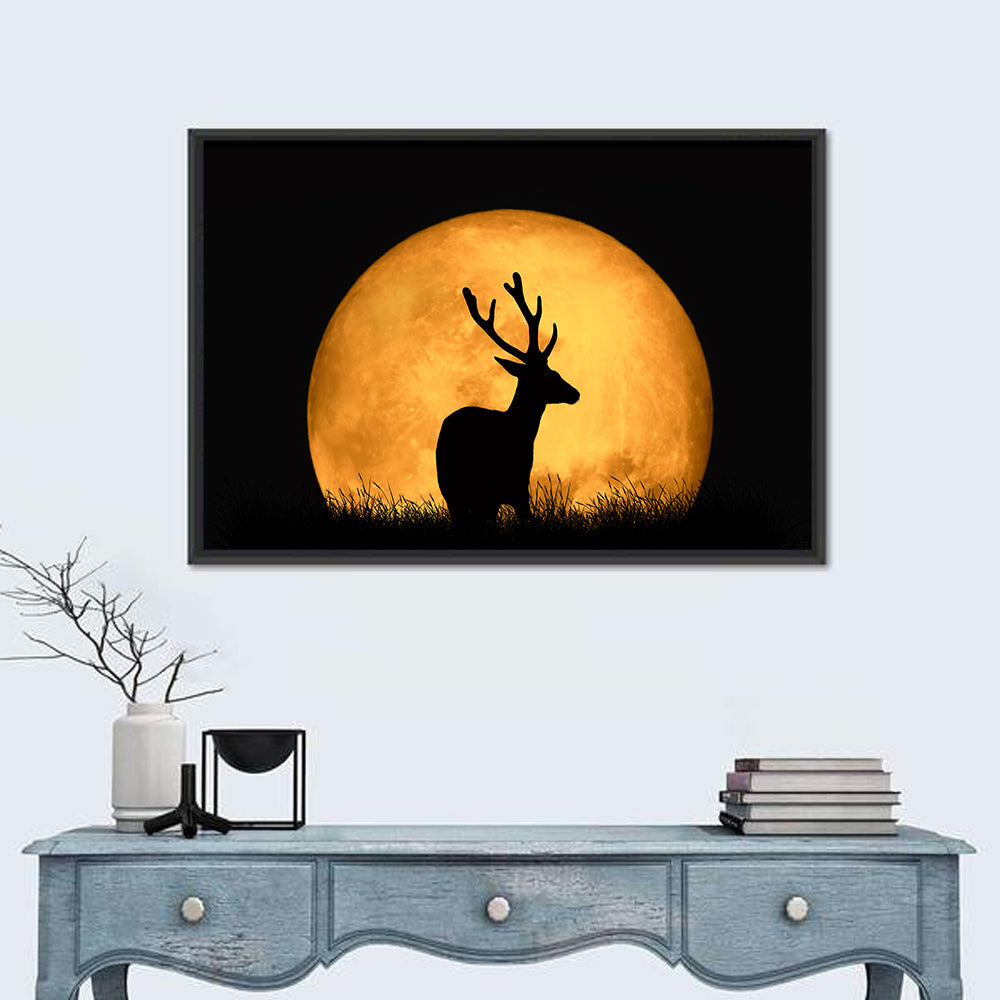 Buck Silhouette Under Red Moon Wall Art in a room, landscape