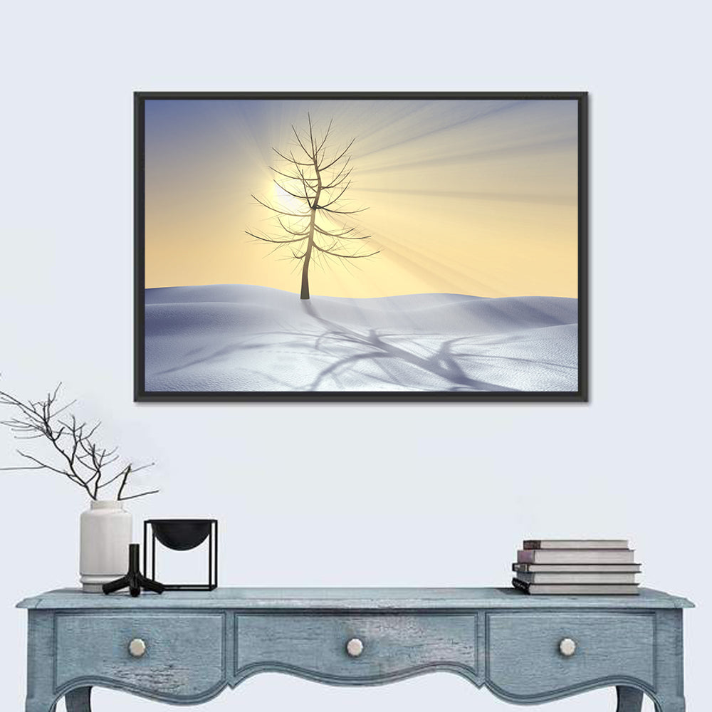 Winter Tree at Golden Sunrise Wall Art in a room, landscape