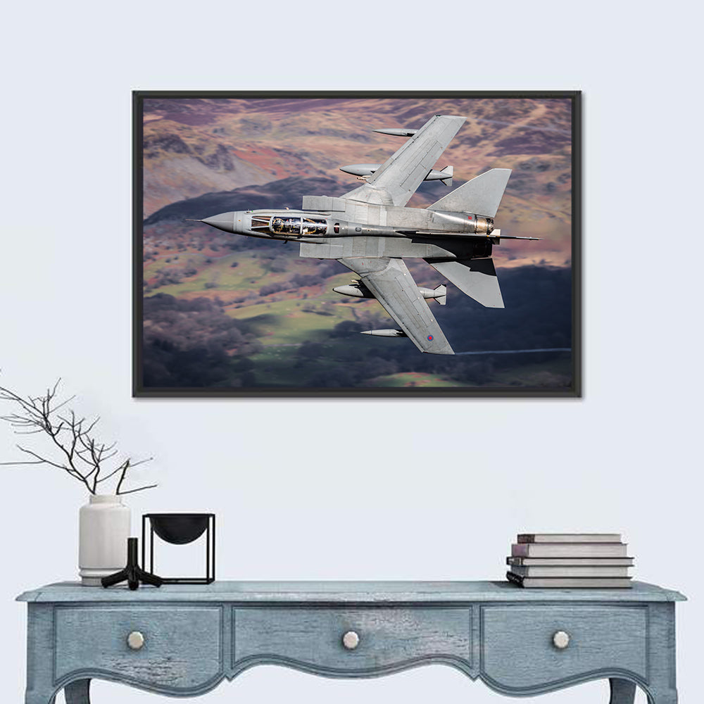 Swing-wing Fighter Jet Over Mountains Wall Art in a room, landscape