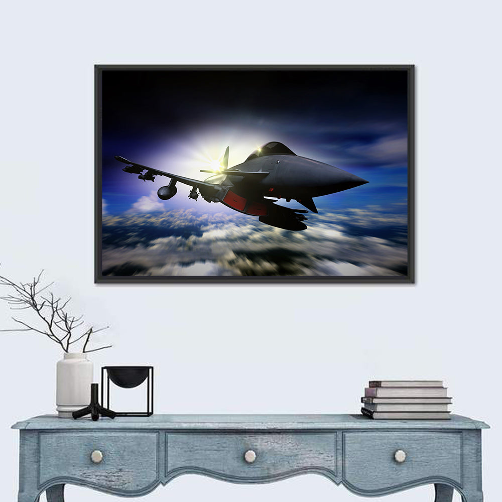Sunrise Fighter Jet Wall Art in a room, landscape