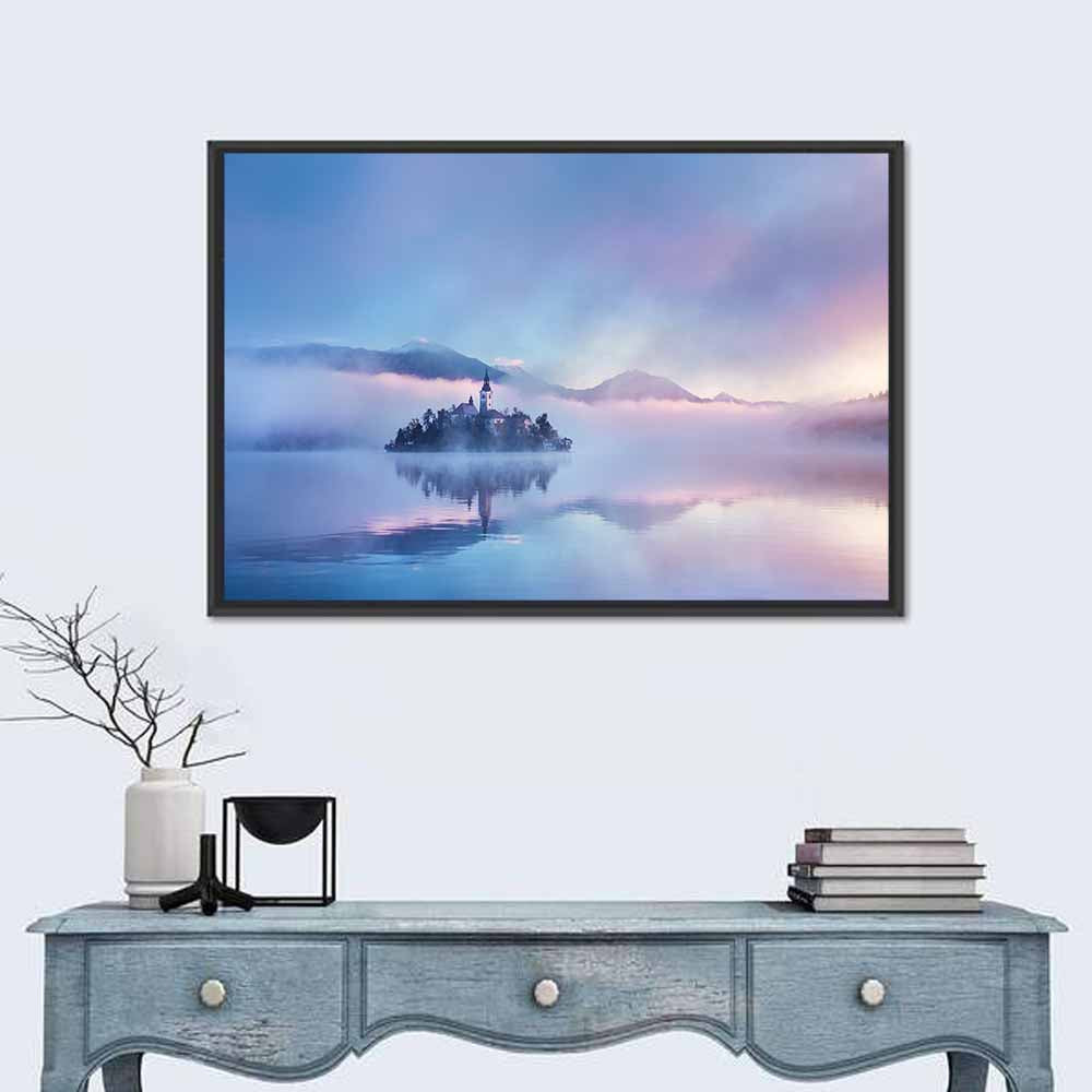 Bled Island Church in Mist Wall Art in a room, landscape
