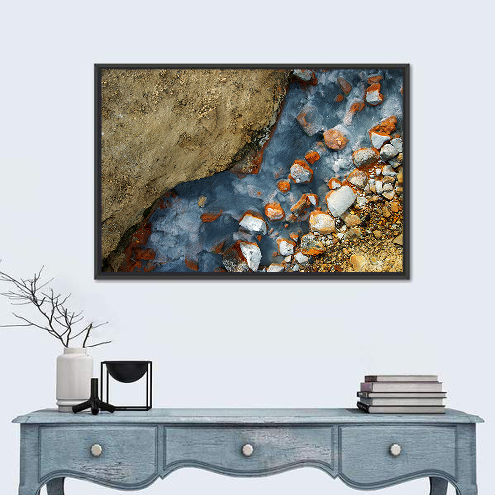 Milky Blue Geothermal Creek Wall Art in a room, landscape