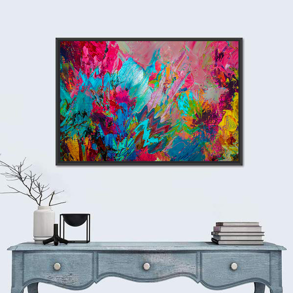Vibrant Impasto Color Burst Abstract Wall Art in a room, landscape