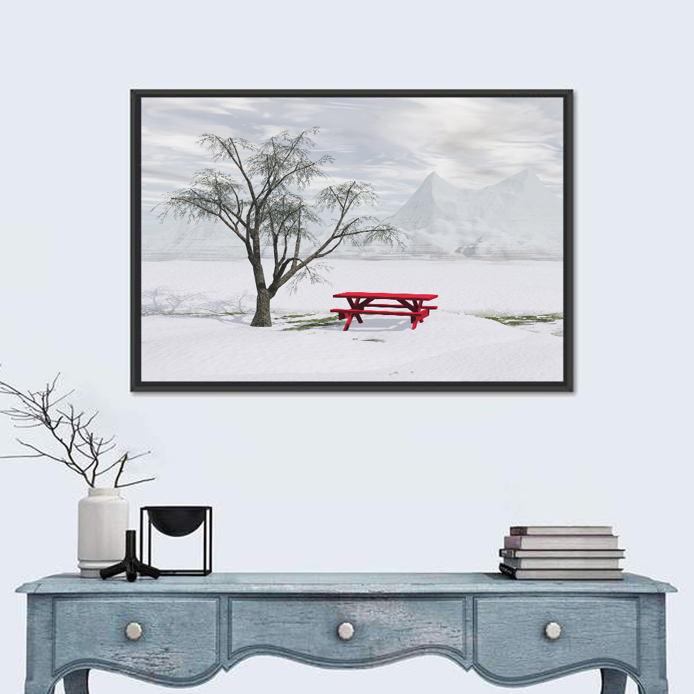 Red Picnic Table in Winter Park Wall Art in a room, landscape