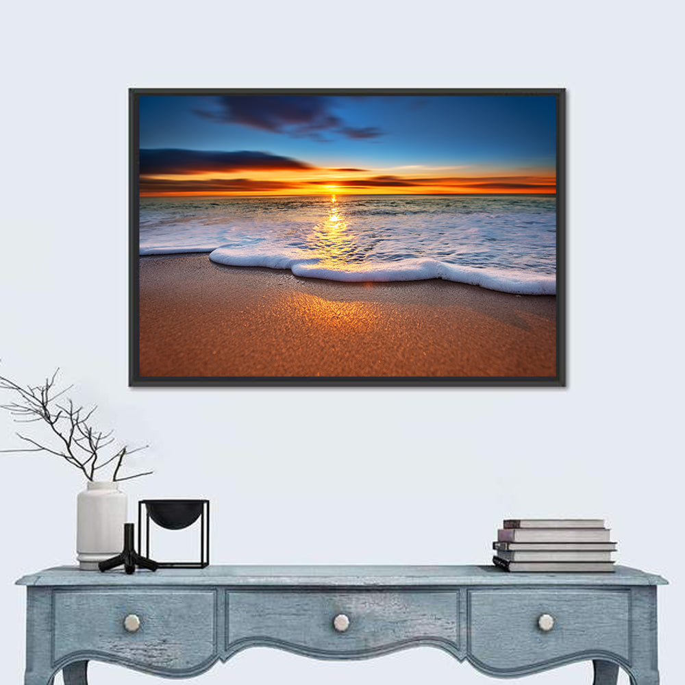 Sun Flare Beach Sunrise Wall Art in a room, landscape