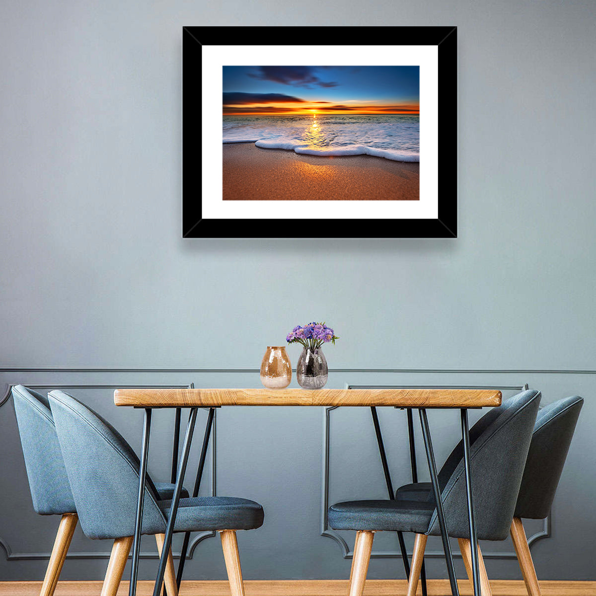 Sun Flare Beach Sunrise Wall Art in a room, landscape