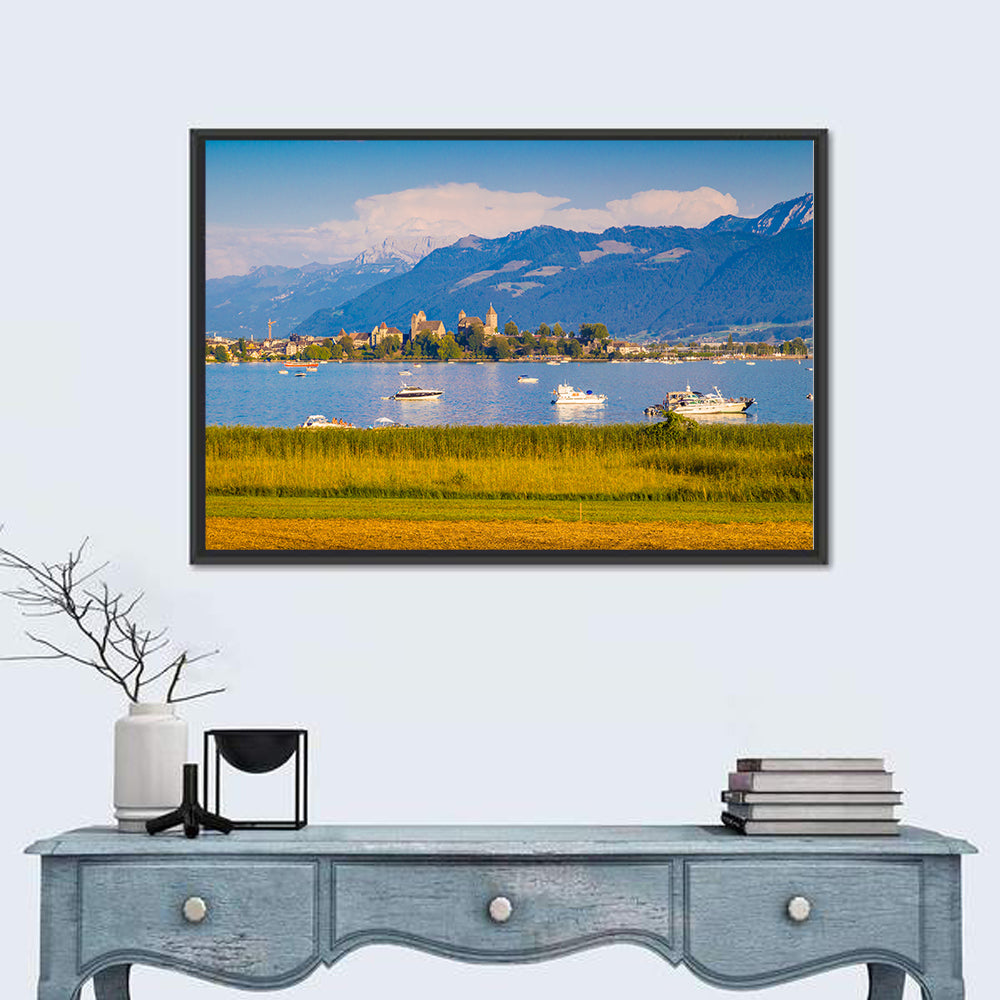 Rapperswil Castle Over Lake Zurich Wall Art in a room, landscape